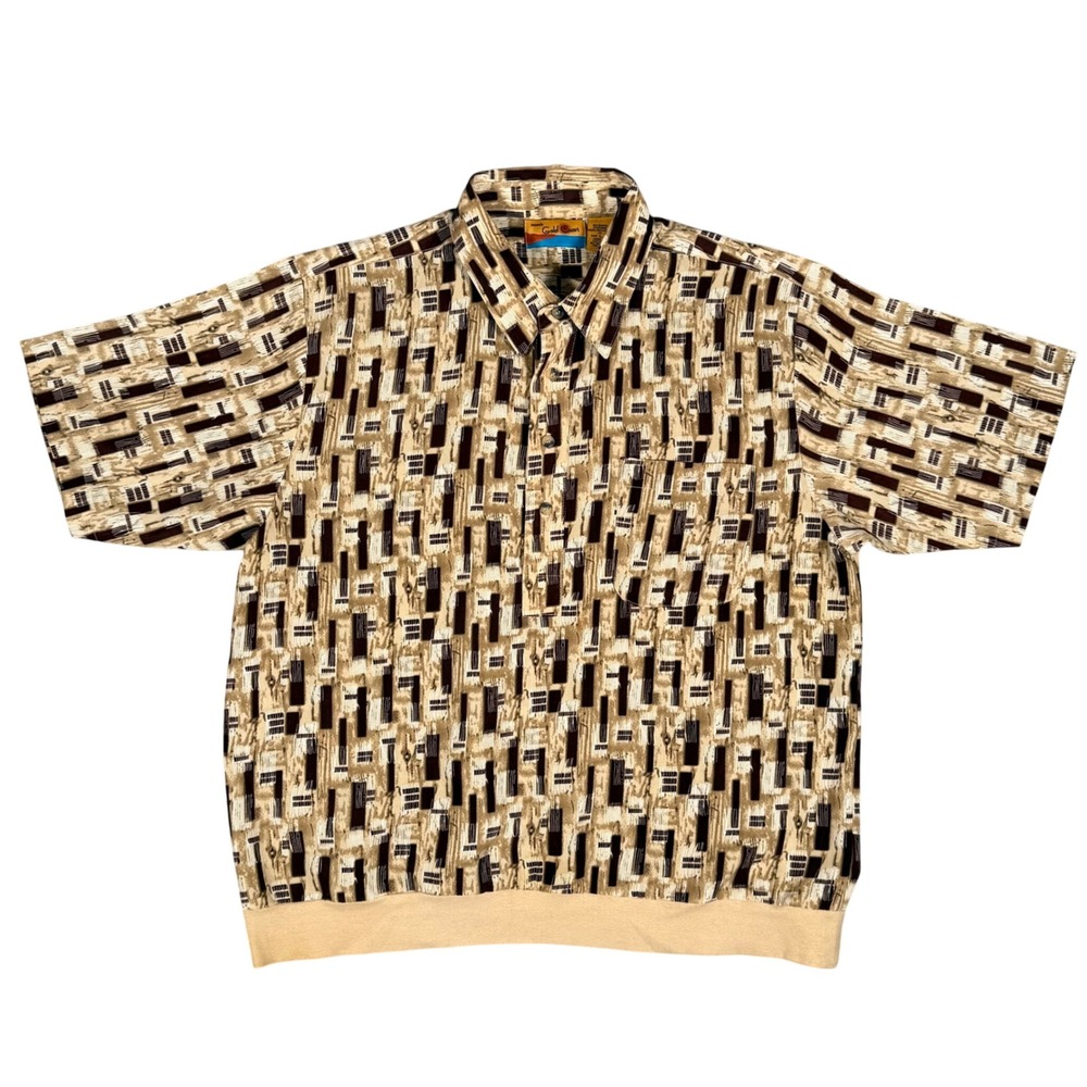 Haband Gold Coast Mens L Short Sleeve Banded Bottom Shirt Abstract Geometric Tan